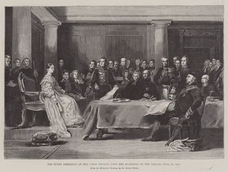 Die Königin leitet ihren ersten Rat bei ihrer Thronbesteigung, 20. Juni 1887